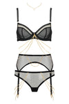 Edge o’ Beyond sheer Marinette thong is the perfect blank canvas underwear for our gold jewellery. Shown with lingerie chains Benjamin and Joshua with suspender belt and bra