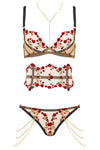 Charlotte Bra Red Rose Lingerie Embroidered Set with Waspie and Brief, 18k Gold Plated Michael and Joshua Chains