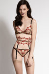 Charlotte Thong Red Rose Floral Lingerie Embroidered Set with Waspie Suspender and Bra
