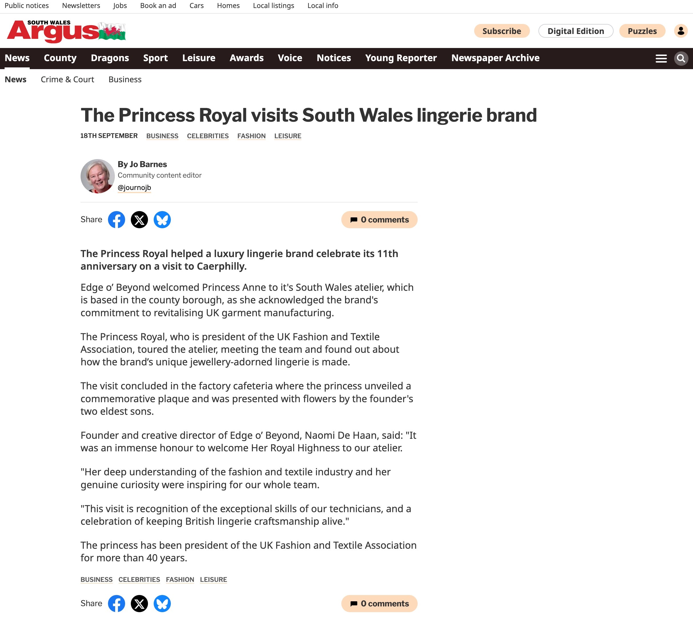 The Princess Royal visits South Wales lingerie brand