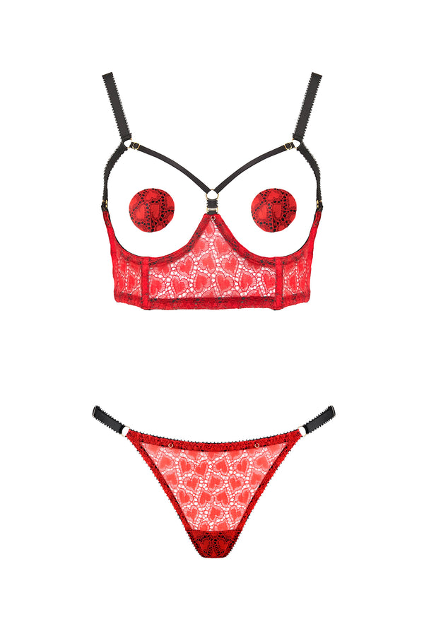 Elissa Heart Lace Valentine's Cupless Bra | Ouvert Red Luxury Lingerie by Edge o' Beyond UK | Designer Underwear + Gifts by Edge o' Beyond, UK Elissa Heart Lace Valentine's Cupless Bra | Ouvert Red Luxury Lingerie by Edge o' Beyond UK | Designer Underwear + Gifts by Edge o' Beyond, UK