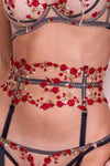 Charlotte Red Rose Floral Embroidery Waspie Suspender with adjustable detachable straps
