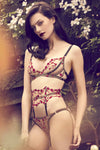 Charlotte Red Rose Floral Embroidery Waspie Suspender with adjustable detachable straps full set with bra and brief in english garden