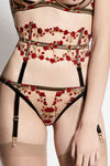 Charlotte Red Rose Floral Embroidery Waspie Suspender with adjustable detachable straps with lingerie set thong bra and stockings