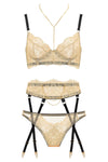 The delicate gold chains of Michael and Samuel offer a subtle, unique body jewellery option that provides a touch of something special to your underwear. Shown with the gold lace Ahlan lingerie set