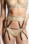 Edge o’ Beyond double 18 carat gold chains designed to attach to your EOB suspenders, brief or thong. The perfect women’s underwear addition. Worn on Ahlan suspender lingerie range