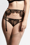 Edge o’ Beyond Kathryn suspender belt features satin bound edges and fishnet-style lace with a scalloped finish for a unique lingerie look. Shown with Samuel 18k gold chains