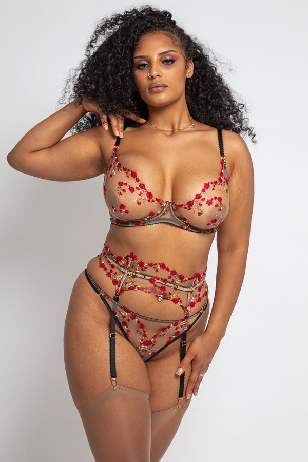Charlotte Red Rose Floral Embroidery Waspie Suspender with adjustable detachable straps
