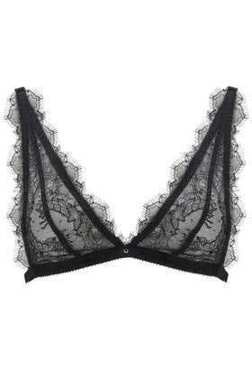 Corinne Noir bra, made from French Leavers lace. Back strapping provides more support as plus size lingerie triangle bra option. Structured black satin lines are contrasted against black scalloped lace, a classic in women’s underwear.