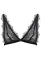Corinne Noir bra, made from French Leavers lace. Back strapping provides more support as plus size lingerie triangle bra option. Structured black satin lines are contrasted against black scalloped lace, a classic in women’s underwear.