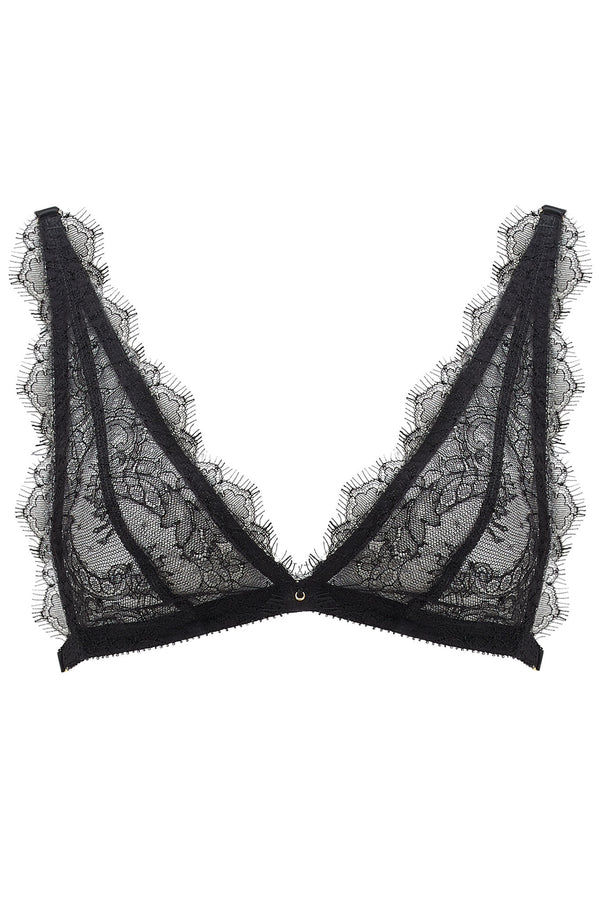 Corinne Noir bra, made from French Leavers lace. Back strapping provides more support as plus size lingerie triangle bra option. Structured black satin lines are contrasted against black scalloped lace, a classic in women’s underwear.