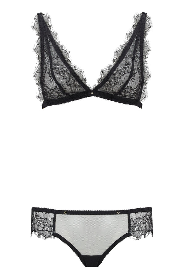 Corinne Noir bra and thong, made from French Leavers lace. Back strapping provides more support as plus size lingerie triangle bra option. Structured black satin lines are contrasted against black scalloped lace, a classic in women’s underwear.