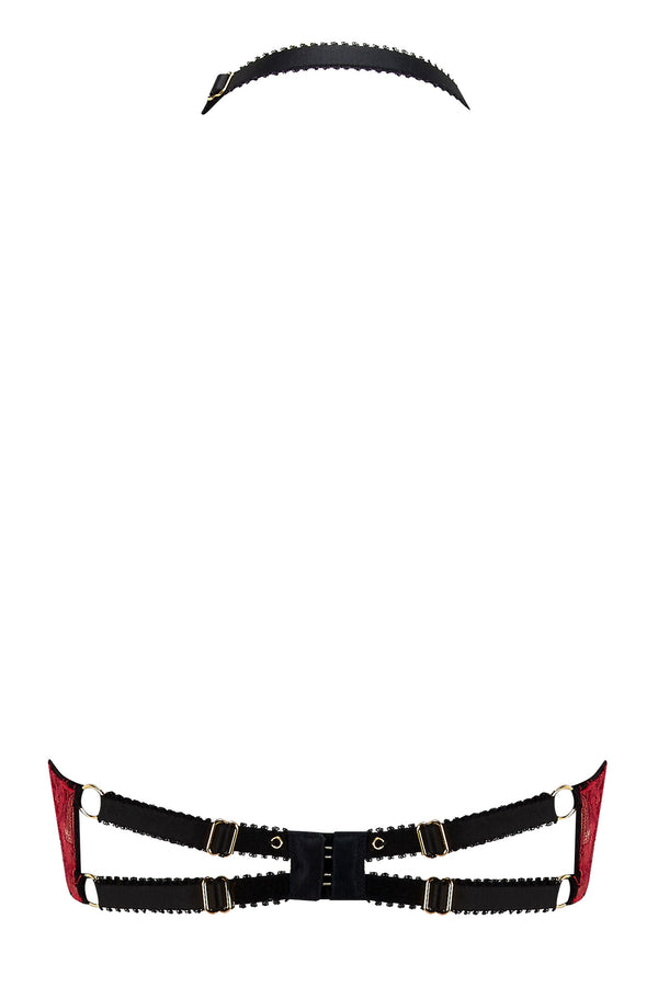Back view of Edge o’ Beyond Elise peep bra crafted from red rouge French Chantilly lace + luxury 24 carat gold plated details. Cups add push up and support. Bondage inspired adjustable back and halter neck mean a good plus size lingerie or underwear option. 