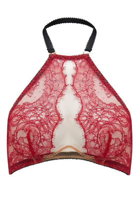 The Edge o’ Beyond Elise peep bra crafted from red rouge French Chantilly lace + luxury 24 carat gold plated details. Cups add push up and support. Bondage inspired adjustable back and halter neck mean a good plus size lingerie or underwear option. 