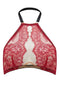 The Edge o’ Beyond Elise peep bra crafted from red rouge French Chantilly lace + luxury 24 carat gold plated details. Cups add push up and support. Bondage inspired adjustable back and halter neck mean a good plus size lingerie or underwear option. 