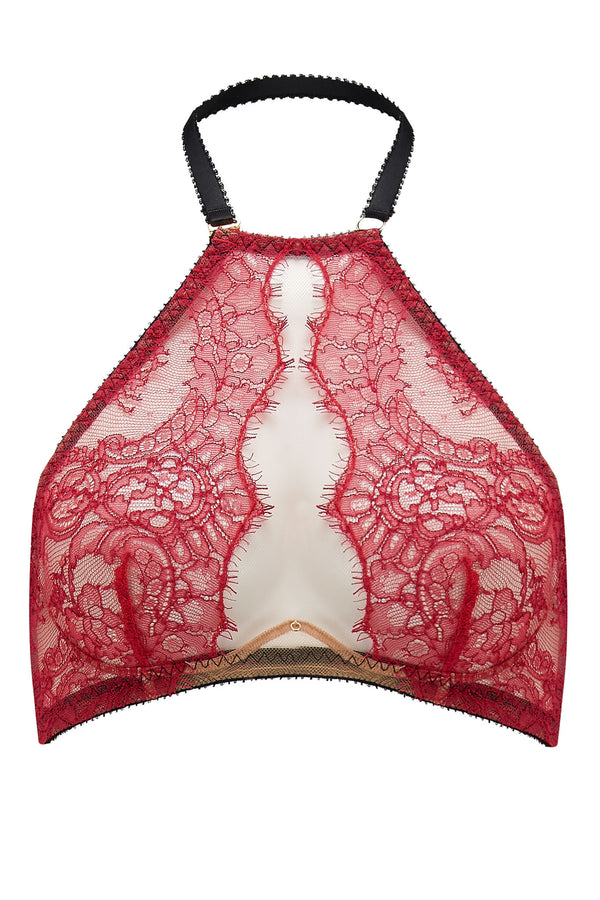 The Edge o’ Beyond Elise peep bra crafted from red rouge French Chantilly lace + luxury 24 carat gold plated details. Cups add push up and support. Bondage inspired adjustable back and halter neck mean a good plus size lingerie or underwear option. 