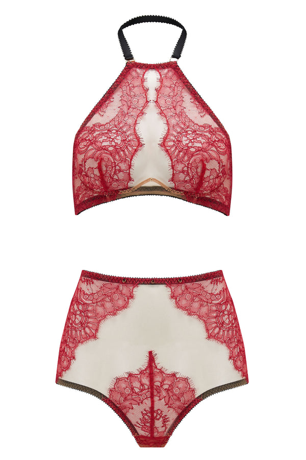 The Edge o’ Beyond Elise peep bra crafted from red rouge French Chantilly lace + luxury 24 carat gold plated details. Cups add push up and support. Bondage inspired adjustable back and halter neck mean a good plus size lingerie or underwear option. Including high waist brief. alternative to basque or suspender belt