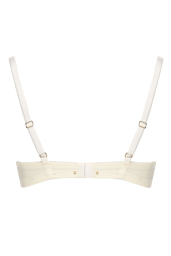 Back view of Edge o’ Beyond Evie push up bra created from ivory sheer tulle and intricate gold gilted lace. Good women's bridal underwear option for plus size lingerie lovers. 