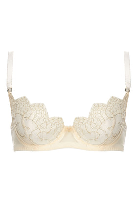 Edge o’ Beyond Evie push up bra created from ivory sheer tulle and intricate gold gilted lace. Good women's underwear option for plus size lingerie lovers. 