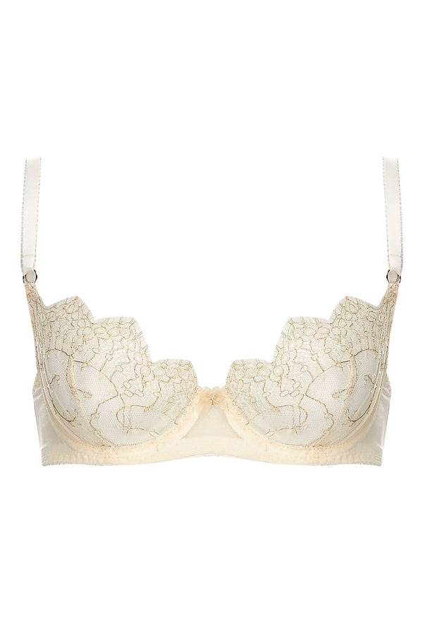 Edge o’ Beyond Evie push up bra created from ivory sheer tulle and intricate gold gilted lace. Good women's underwear option for plus size lingerie lovers. 