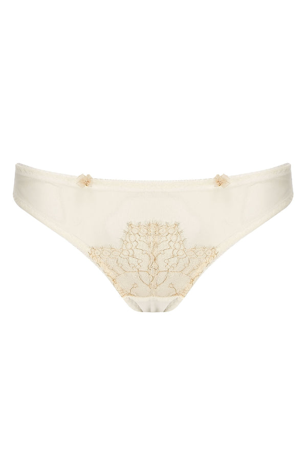 Edge o’ Beyond Evie lingerie brief created from ivory sheer tulle and intricate gold gilted lace. A playful rear peep makes this unique women’s underwear. Pair with a babydoll or negligee for perfect bridal look.