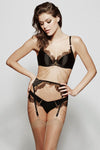Edge o’ Beyond combine black, pure silk and Chantilly Leavers lace to create the Karis suspender belt. Suspenders are the ultimate luxury lingerie item! Wear with the full women’s underwear set. Shown with thong, push up bra and 18k gold jewellery