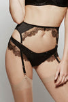 Close up view of garter belt. Edge o’ Beyond combine black, pure silk and Chantilly Leavers lace to create the Karis suspender belt. Suspenders are the ultimate luxury lingerie item! Wear with the full women’s underwear set. 