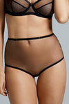 Close up view of Edge o’ Beyond sheer Marinette high waist brief is the perfect blank canvas underwear set for our gold jewellery. These panties are worn with matching bra from the lingerie set