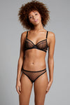 Edge o’ Beyond sheer Marinette thong is the perfect blank canvas underwear for our gold jewellery. Shown with matching lingerie bra