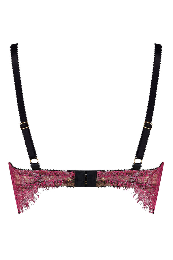 Back view of the Edge o’ Beyond Tamia bra which features eyelash lace wings. French pink lace and French lilac metallic embroidery, unique colours in lingerie, create an amazing push up bra. 