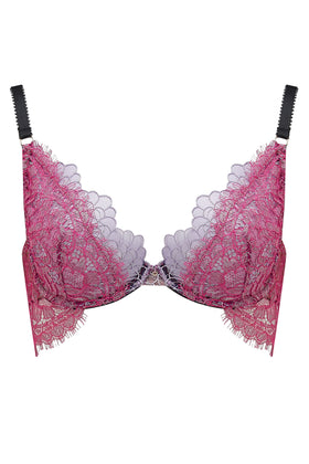 The Edge o’ Beyond Tamia bra features eyelash lace wings. French pink lace and French lilac metallic embroidery, unique colours in lingerie, create an amazing push up bra. 
