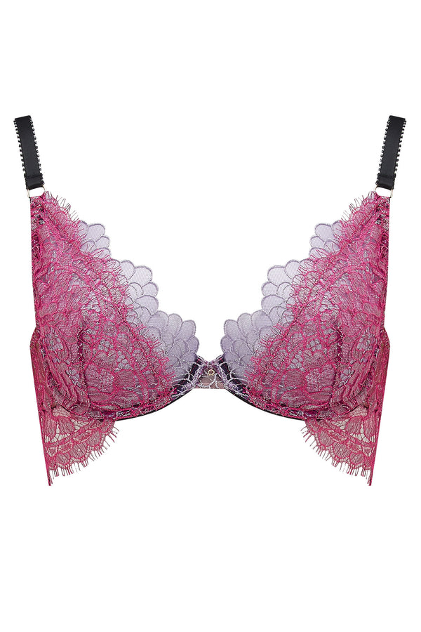 The Edge o’ Beyond Tamia bra features eyelash lace wings. French pink lace and French lilac metallic embroidery, unique colours in lingerie, create an amazing push up bra. 
