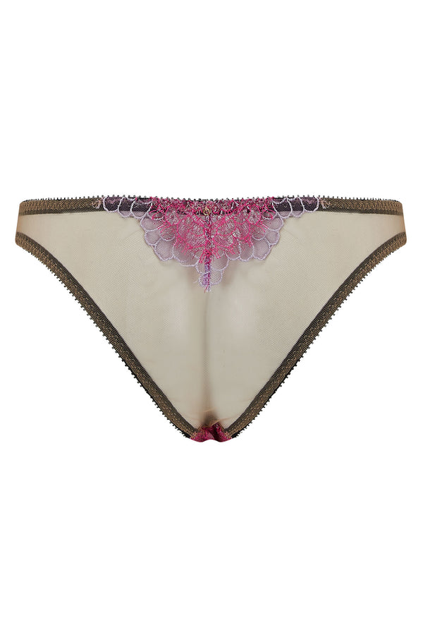 The Edge o’ Beyond Tamia brief created with French pink lace and French lilac metallic embroidery, unique colours in lingerie. Women’s Underwear doesn’t get better. Shown as back view