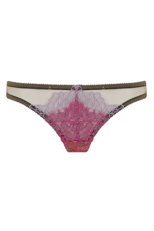 The Edge o’ Beyond Tamia brief created with French pink lace and French lilac metallic embroidery, unique colours in lingerie. Women’s Underwear doesn’t get better.
