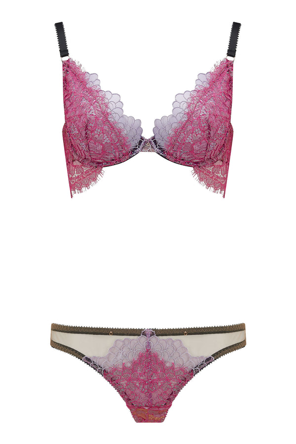 The Edge o’ Beyond Tamia brief created with French pink lace and French lilac metallic embroidery, unique colours in lingerie. Women’s Underwear doesn’t get better. Shown with bra