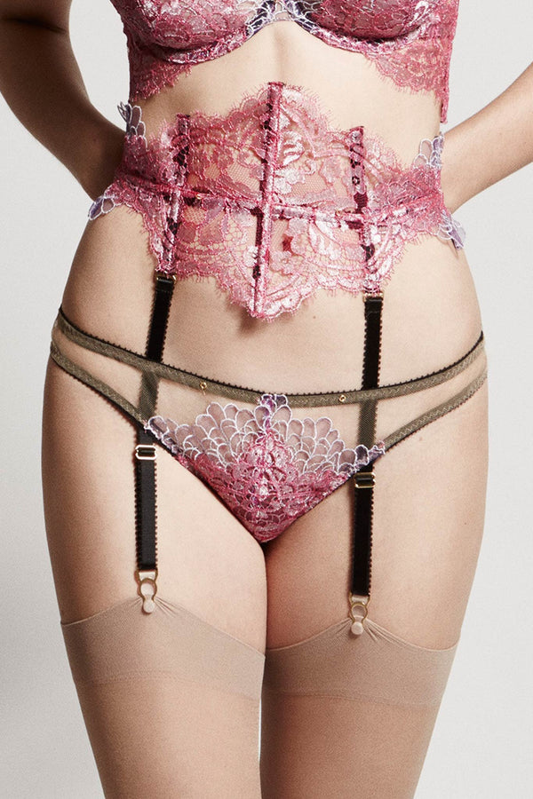 Close up view of the Edge o’ Beyond Tamia brief, created with French pink lace and French lilac metallic embroidery, unique colours in lingerie. Women’s Underwear doesn’t get better. Shown with stockings and garter belt