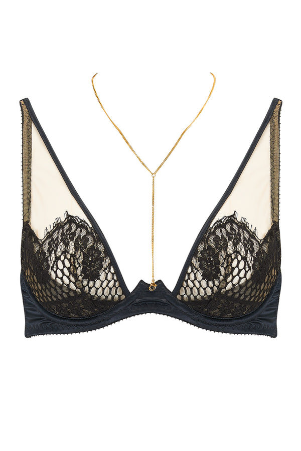 The dramatic peek-a-boo of the lace + black satin Kathryn bra provides full cleavage, light padding and is part of one of Edge o' Beyond's most risqué collections. Shown with 18k fold plated Michael chain\
