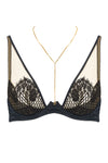 The dramatic peek-a-boo of the lace + black satin Kathryn bra provides full cleavage, light padding and is part of one of Edge o' Beyond's most risqué collections. Shown with 18k fold plated Michael chain\