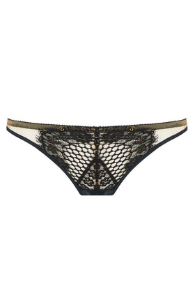 Edge o’ Beyond’s Kathryn Brief Designed with dramatic cut outs, black satin bound edges and a fishnet style scalloped lace. 