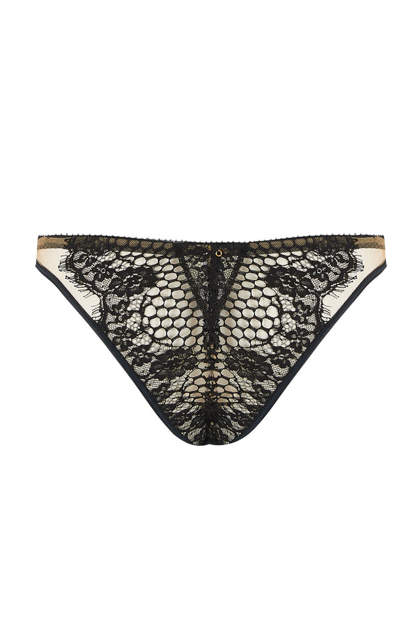 Edge o’ Beyond’s Kathryn Brief Designed with dramatic cut outs, black satin bound edges and a fishnet style scalloped lace. Back view of brief