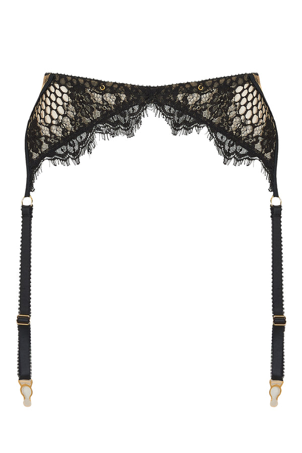 Edge o’ Beyond Kathryn suspender belt features satin bound edges and fishnet-style lace with a scalloped finish for a unique lingerie look.