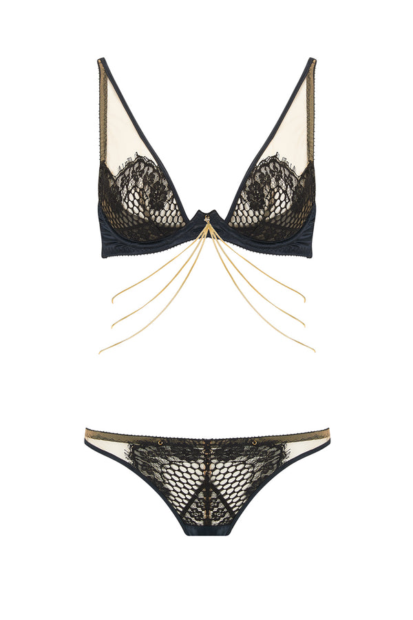 The dramatic peek-a-boo of the lace + black satin Kathryn bra provides full cleavage, light padding and is part of one of Edge o' Beyond's most risqué collections. Shown with briefs and 18k gold plated chains