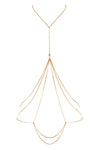Adorn your form with the beautiful body chain of Leo. Gold chains drape delicately down your torso. The Samuel waist chain provides a delicate end point to this body jewellery option.